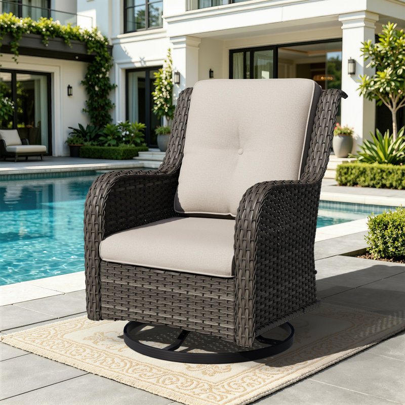 Pompidou Outdoor Rattan Swivel Chair with Cushions, Beige