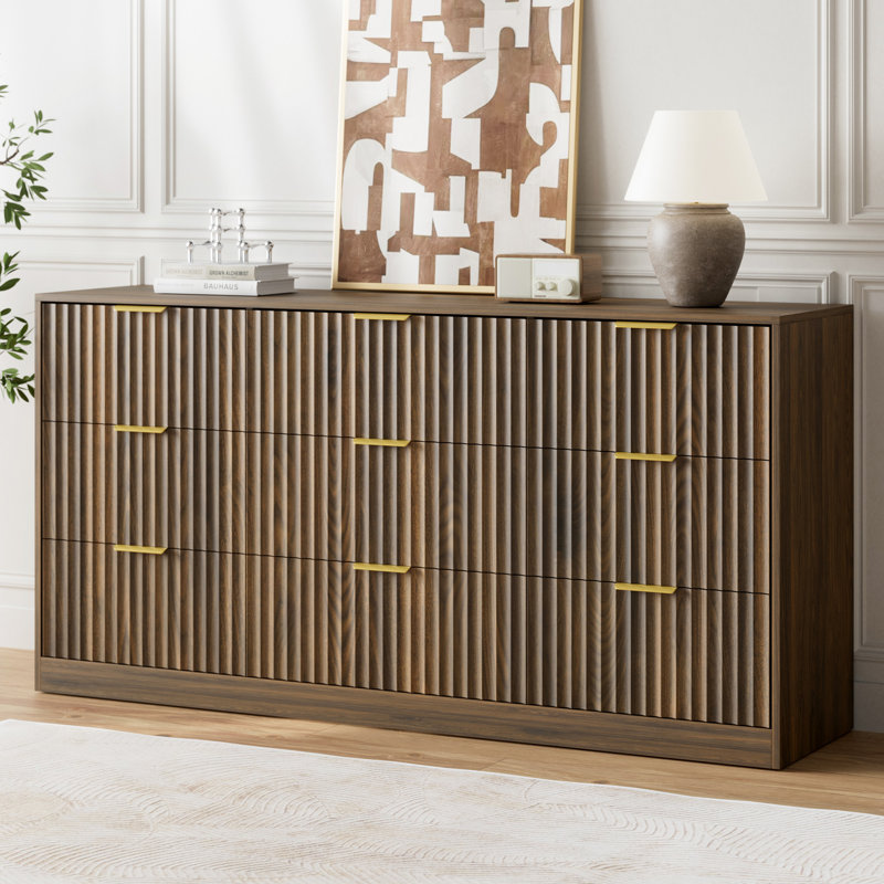 Fluted Dresser For Bedroom With 9 Drawers, 63" Wide Modern Chest Of Drawers With Metal Handle, Walnut, Rustic Walnut