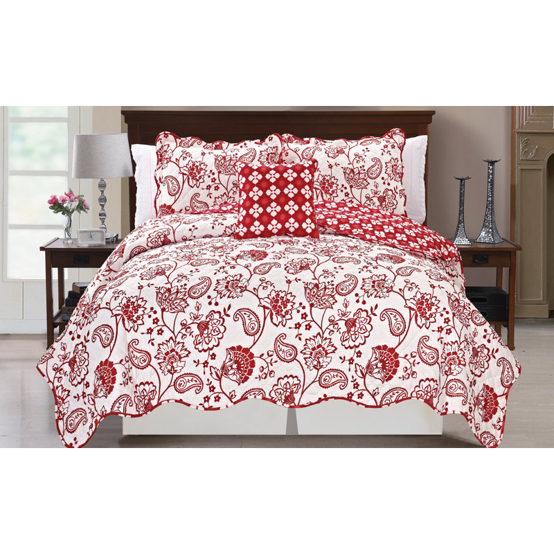 Paisley Flowers Modern & Contemporary Polyester Floral Coverlet, King, Red
