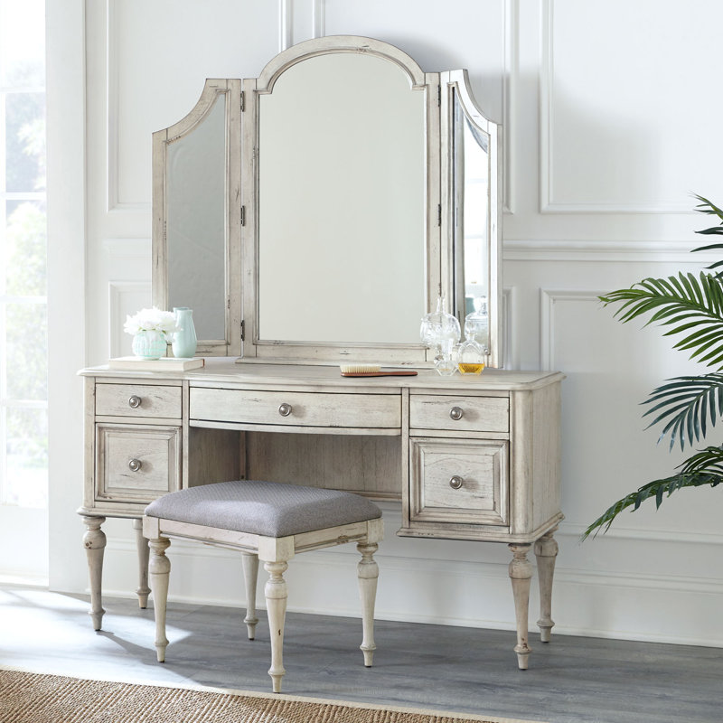 Coiffeuse avec miroir Aubreyella, Gris clair, Ivoire rustique