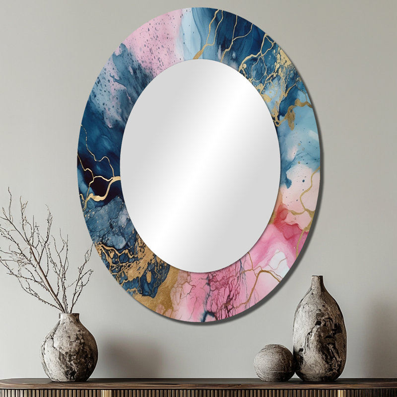 Exploring The Depths Of Pink Geode IV - Abstract Oval Decorative Mirror On Metal, 40" x 30"