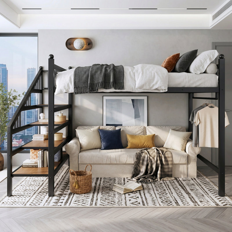 This Luxurious Black Queen-Style Loft Bed Features A Multi-Functional Storage Staircase And Bookshelf Design, Saving Space While Meeting Storage Needs.