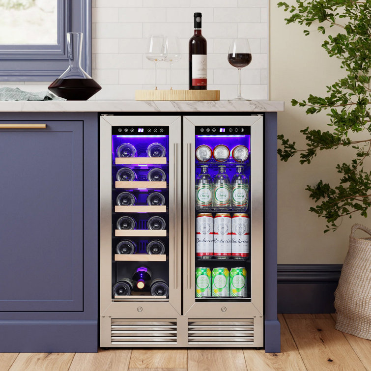 15 inch 28 Bottle / 88 Cans Capacity Built-In or Free Standing Wine Cooler Under Counter Metal Beverage Fridge Cabinet, with LED Lighting