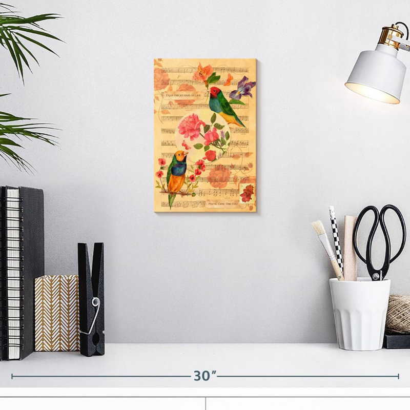 Brampt oiseaux chanteurs et roses, H 12 po x l 8 po