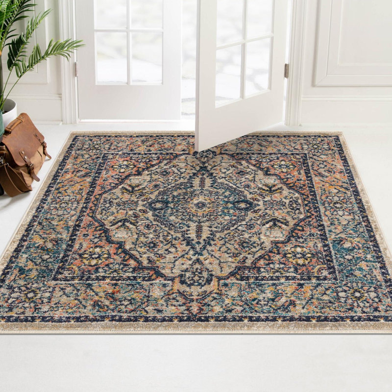 Gause Oriental Blue/Rustic Red/Beige Area Rug, Square 6'1"