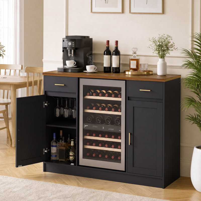 Meuble-bar moderne de 148 cm avec mini-réfrigérateur, station de recharge USB, 2 tiroirs et portes cannelées – Meuble de rangement pour bouteilles et boissons avec plateau en bois, noir