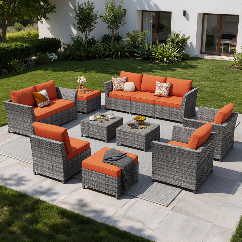 Ensemble de conversation d'extérieur pour 8 personnes avec coussins et table de foyer d'extérieur Briela, Non, Orange
