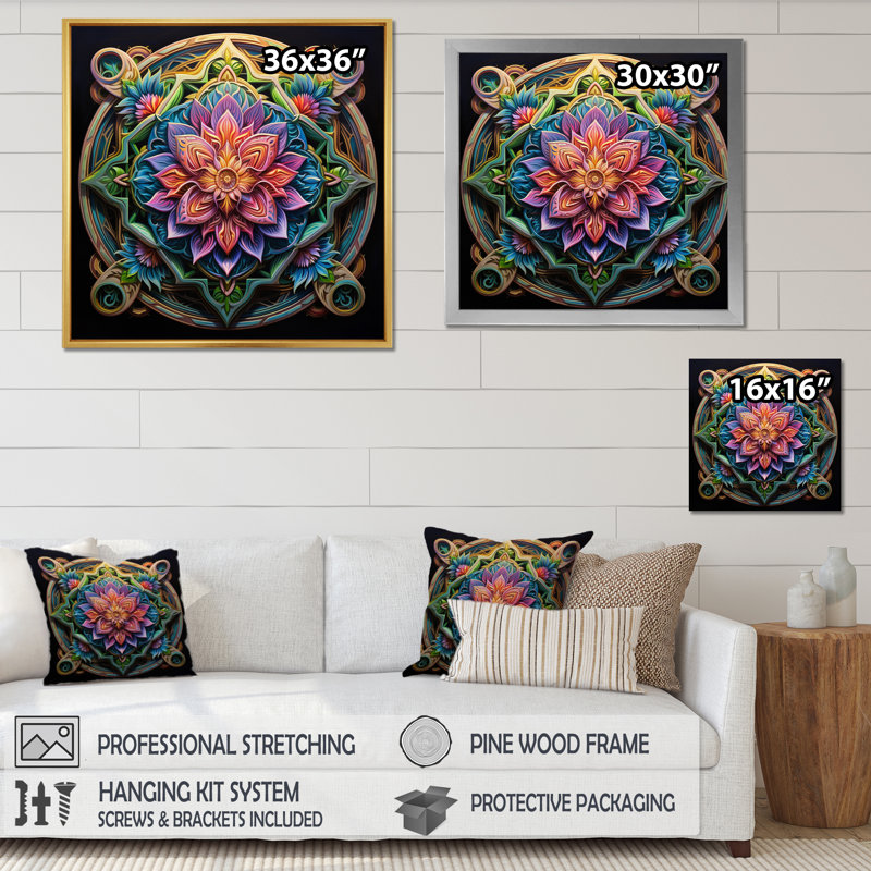 Ancien mandala magique coloré sur toile, Cadre flottant noir, H 30 po x l 30 po x P 1 po