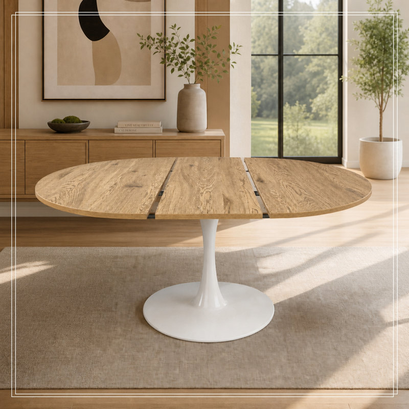 Halee ronde extensible avec base en métal, Beige + naturel clair