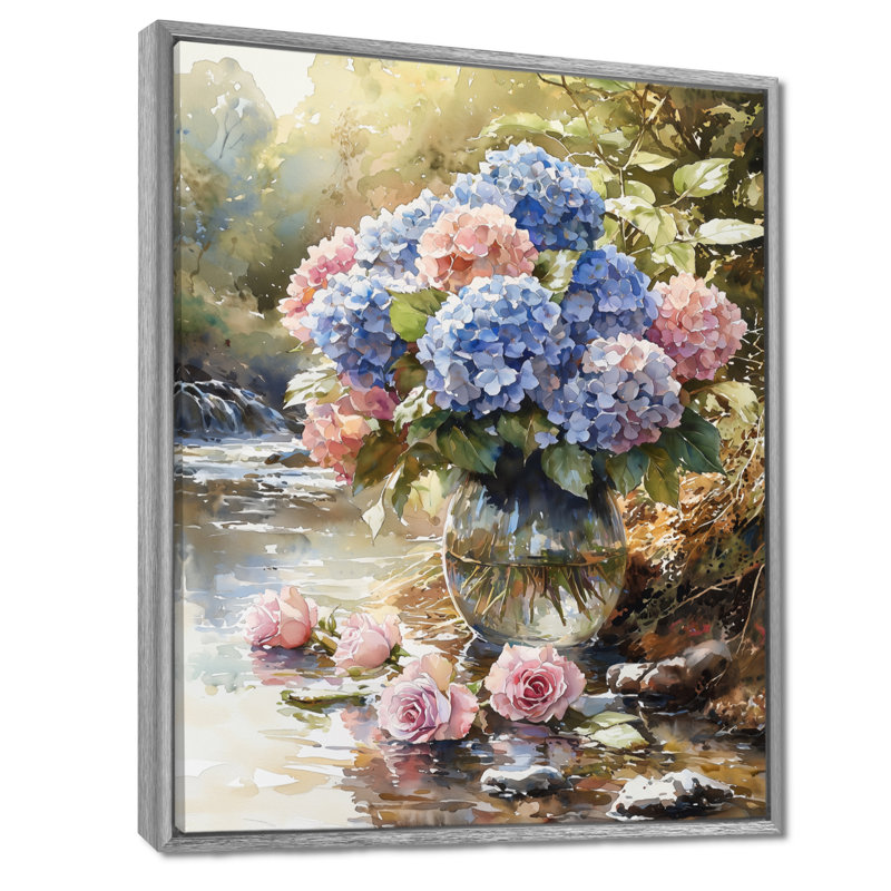 Chapman, Hortensias et roses au bord de la rivière - hydrangées, art mural, H 40 po x l 30 po, Argent argent