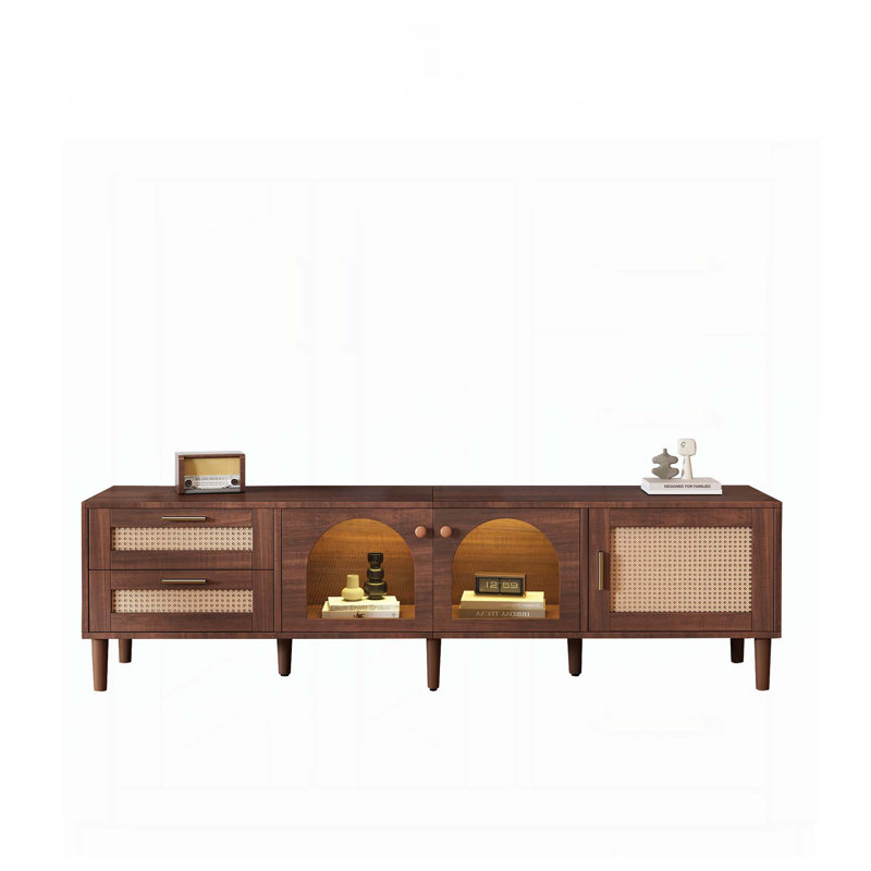 Multifunctional Rattan - inspired TV Stand with Ample Storage, LED Light, and Sturdy Construction for Home Entertainment