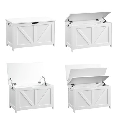 Banc de rangement en bois blanc, coffre de rangement de hall d'entrée avec couvercle de sécurité