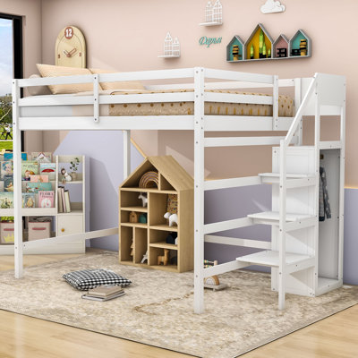 Full Wood Loft Bed With Guardrails, Wardrobe And Staircase