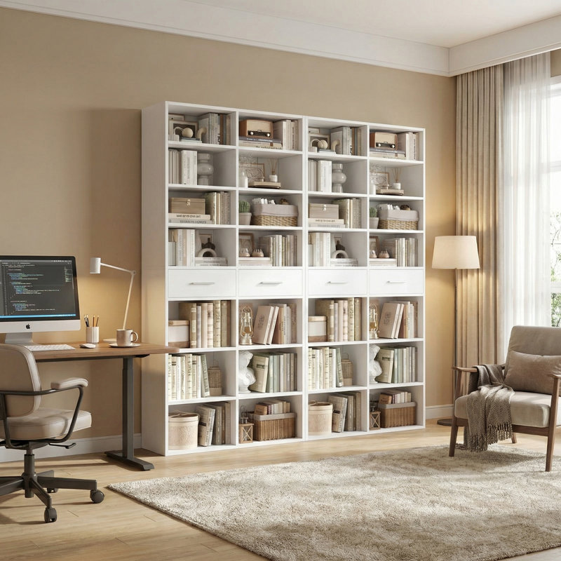 73"H X 63"W  Standard Bookcase, 8-Tier Bookcase, With 4 Drawers, White
