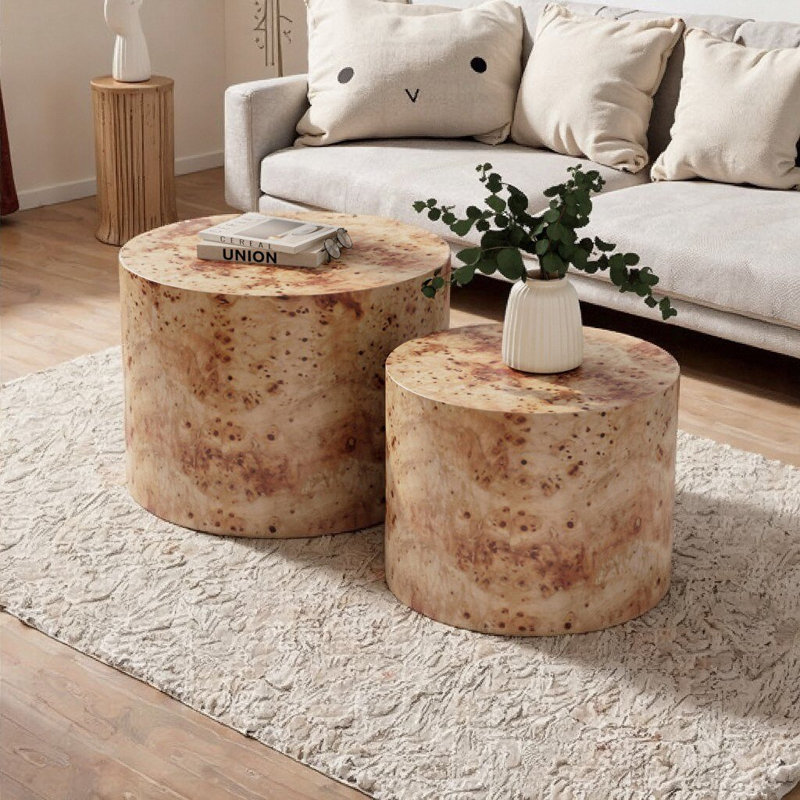 Modern Round Nesting Coffee Table Set of 2 - Farmhouse Wooden Drum Accent Tables for Small Spaces, Natural Wood