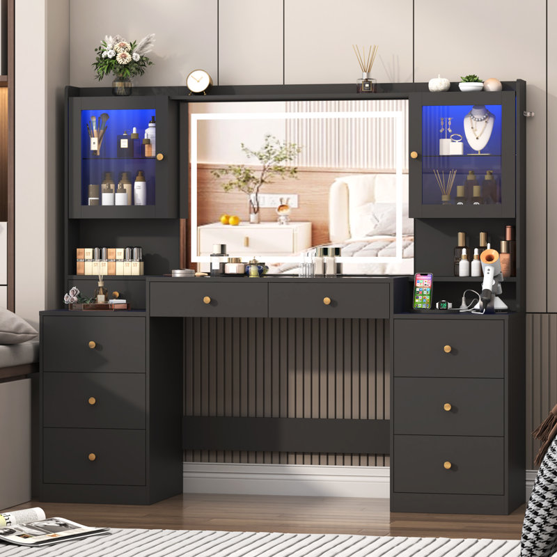 62" Vanity Desk with Lighted Mirror & RGB Cabinets