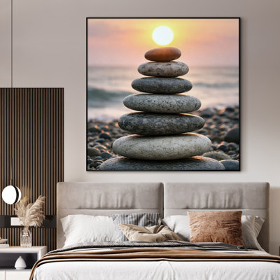 Extra Large Wall Art Fabric Print - Sunset Stone Cairn Stack on Pebble Beach with Warm Sky Glow for Living Room or Bedroom - "Frame Assembly Required (Unfinished Frame)"