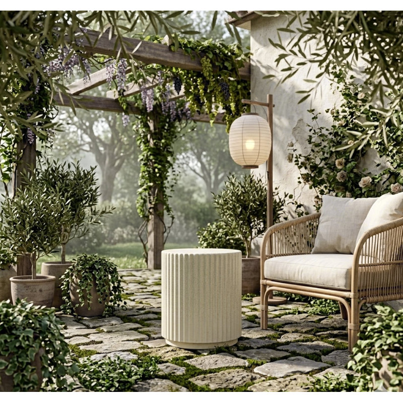Cylinder MGO Outdoor Side Table With Wave Design – Lightweight Accent Table, Round Plant Stand For Garden/Patio/Balcony