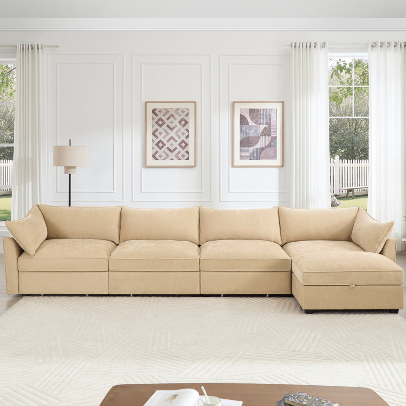 Canapé modulaire en L 4 places, canapé 4 places avec 1 repose-pieds mobile, coussins, canapé modulaire confortable avec 5 sièges et tiroir coulissant de rangement sous chaque siège, couleur chenille
