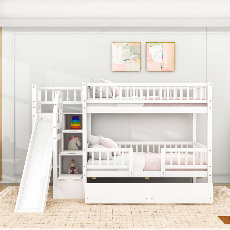Twin Over Twin Bunk Bed With Slide And Storage Staircase, White
