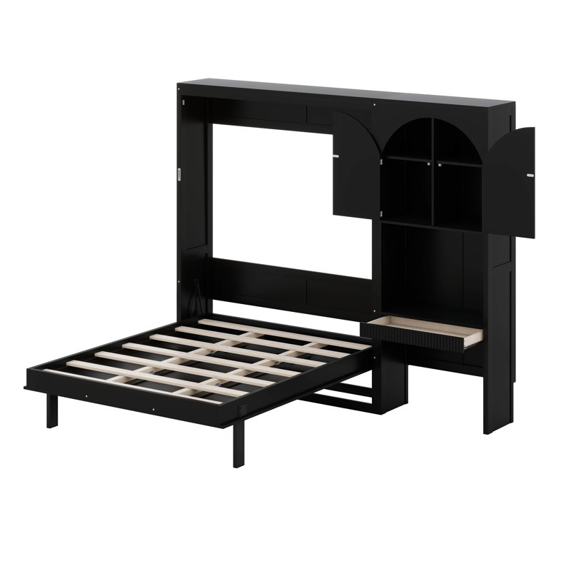 Élégant lit escamotable rabattable avec portes d'armoire décoratives arquées, casiers ouverts et tiroir de rangement escamotable
