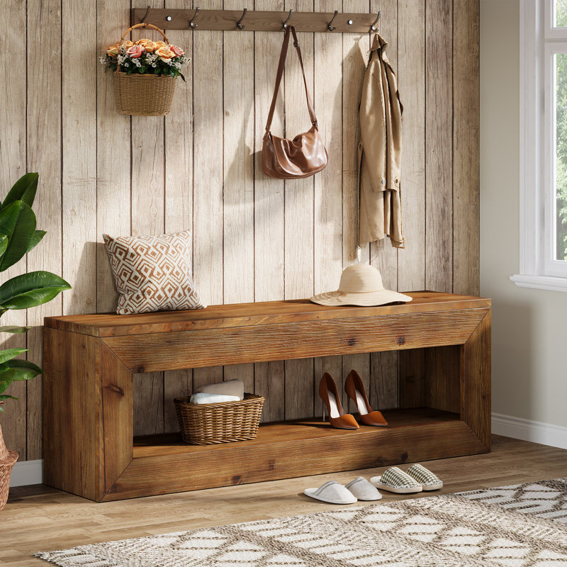 Banc de 47 po en bois massif avec rangement pour chaussures, Brun