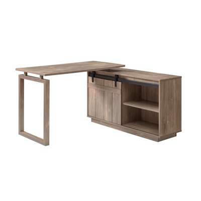 Hazelnut L-shaped Desk Workstation – Home Office With Attached Storage Credenza (sliding Barn Door), Reversible Left/right Return & 47.25''w×23.25''d Workspace