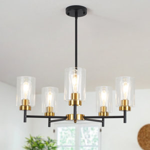 Gold Chandelier 5-lights Farmhouse Pendant Lights With Glass Shade, Dining Room Chandeliers Light Fixutre, Ceiling Hanging Lighting For Kitchen Living Room Bedroom Hallway Foyer