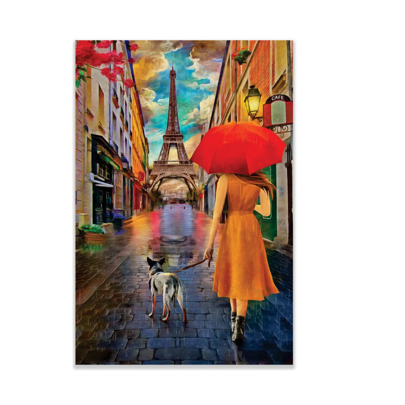 Art parisien avec un parapluie, H 12 po x l 18 po x P 1 po, Cadre noir