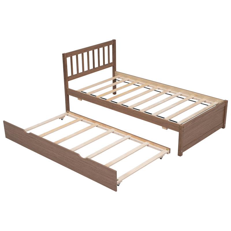 Structure de lit plateforme moderne en bois avec lit gigogne, Noyer