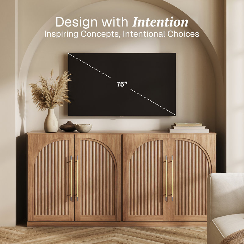 65" Sideboard with Double-Arc Wood Doors and Adjustable Shelves, Camel, Camel