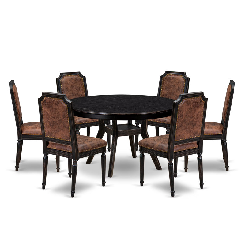 Cet ensemble de salle à manger 7 pièces comprend une table de cuisine ronde et 6 chaises en polyester texturé brun avec dossier haut et une finition noire sablée.