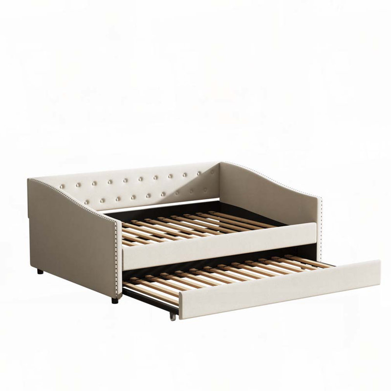 Upholstered Tufted Daybed with Trundle, Cream, Twin