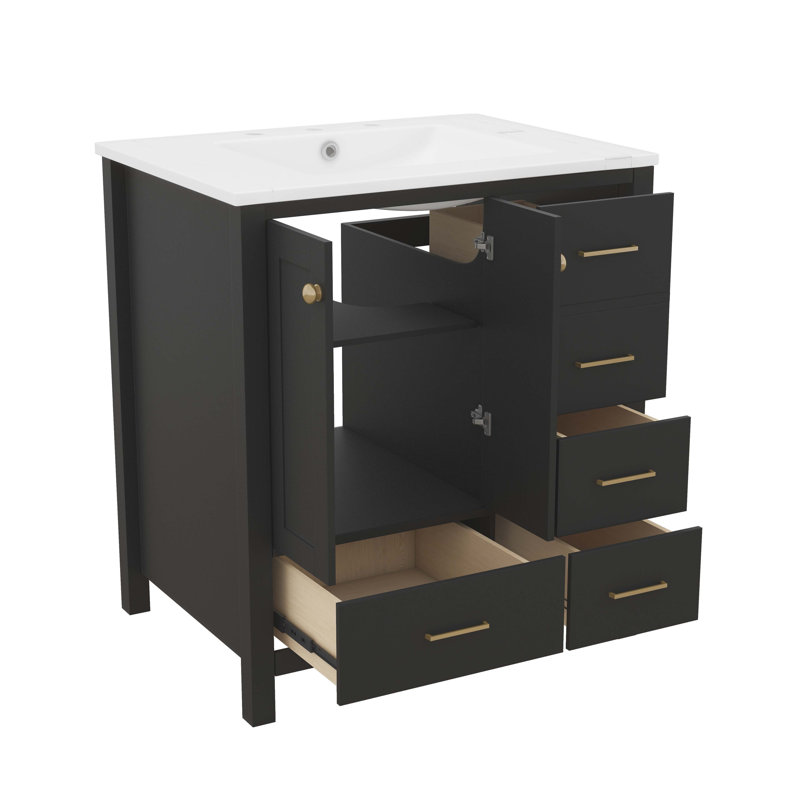 Meuble-lavabo de 30 po avec lavabo en céramique, armoire de rangement à 4 tiroirs et 2 portes, meuble-lavabo à cadre en bois massif