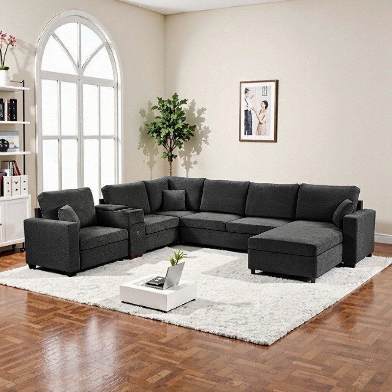 134 Canapé modulaire modulaire en U avec revêtement en chenille et méridienne avec structure en contreplaqué 134, Noir