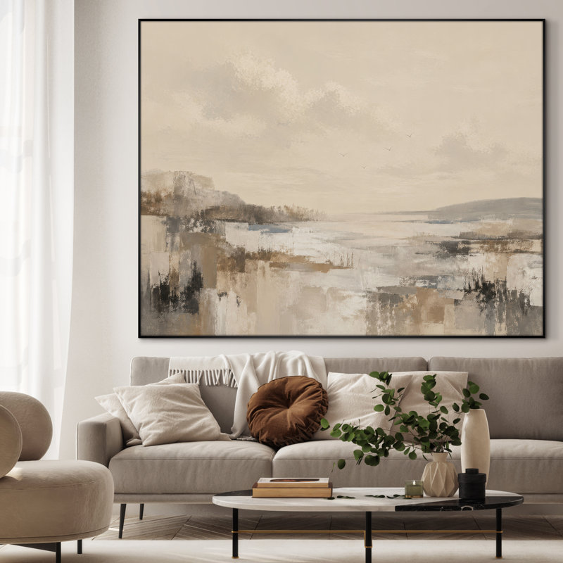Très grand art mural imprimé sur toile - Beige, brun clair, paysage abstrait, décor de salon contemporain - "Assemblage requis (cadre non fini)"