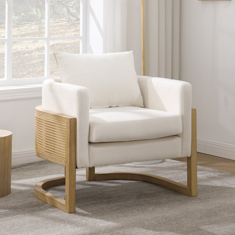 30.9" W Rattan and Wood Wide Armchair Upholstered Barrel Chair, White Linen Cushion/Natural Frame