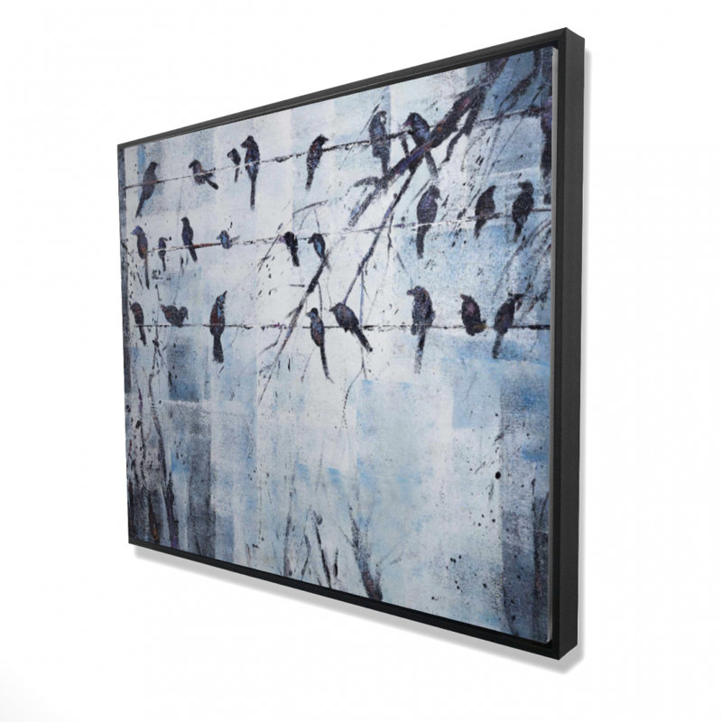 Oiseaux abstraits sur fil électrique - Toile encadrée bleue moderne, H 49,25 po x l 61,25 po