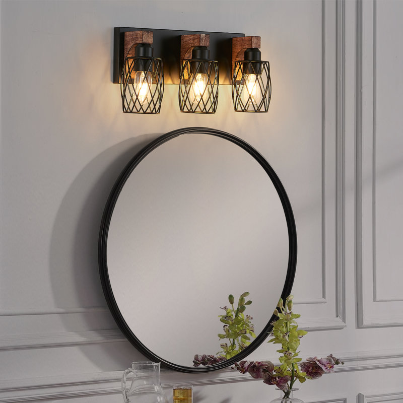 Luminaire de meuble-lavabo industriel noir 17,5 po avec détails en bois et abat-jour en métal, 3 lumières