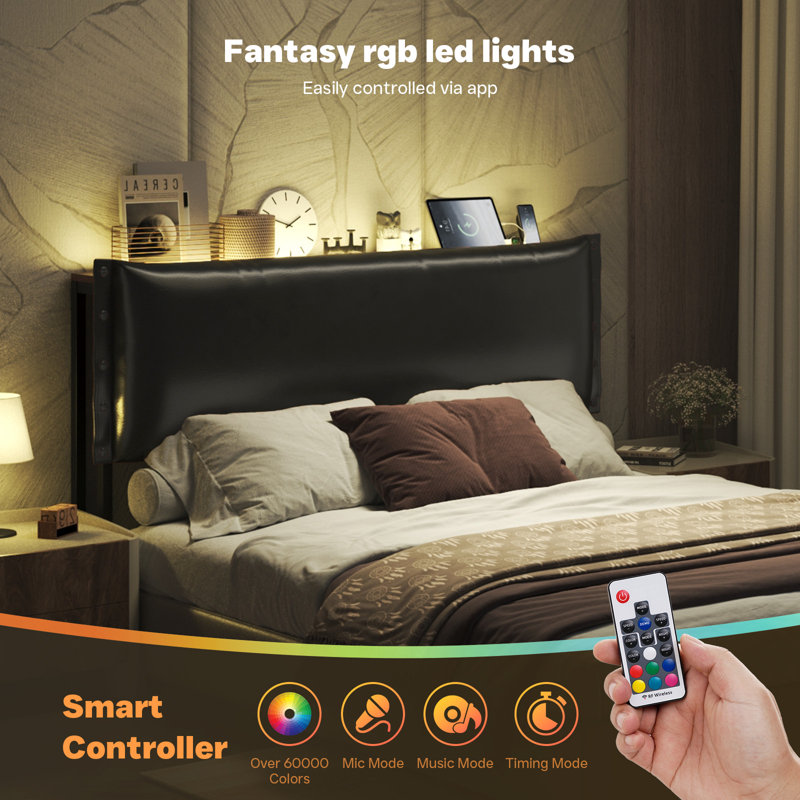 Headboard for King Size Bed,Retro Oil-Waxed Leather Upholstered Head Board with Smart LED Lights (60,000 DIY Colors), Hidden Storage & USB/Type-C Ports, 3-Level Height Adjustable