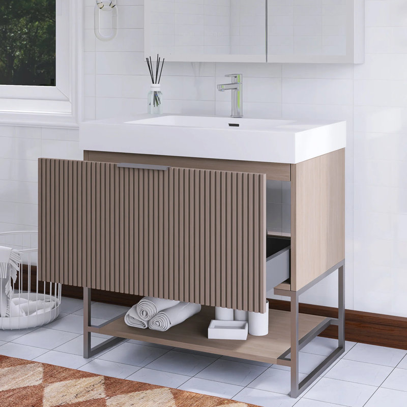 Meuble-lavabo simple 30 po en chêne brun avec surface intégrée