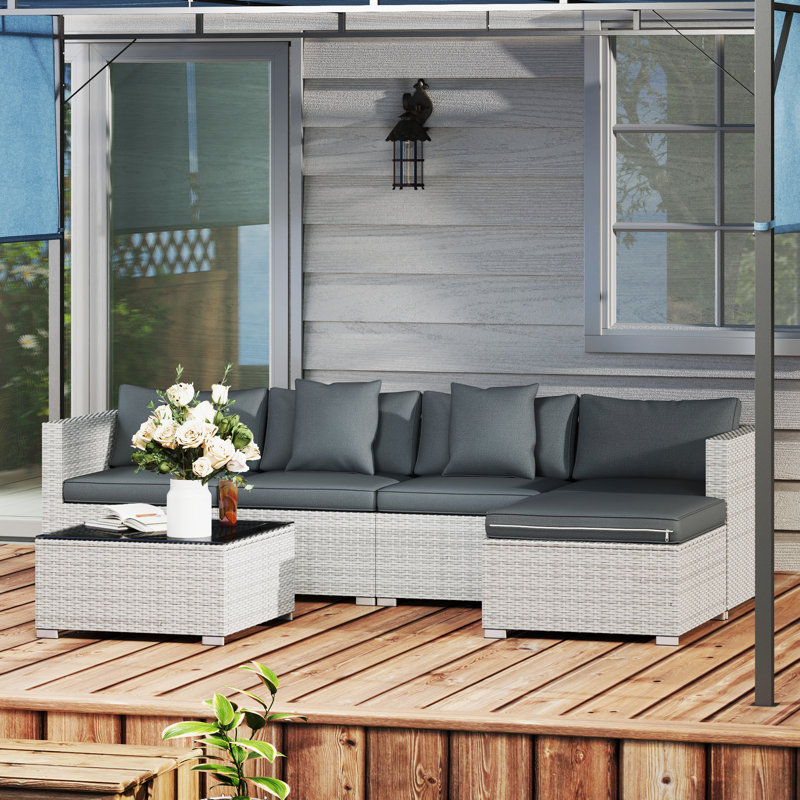 Outsunny Rattan Garden Furniture Set, 5 Seater Corner Sofa, Glass Table