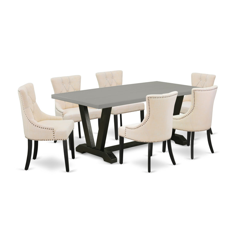 7-Pc Kitchen Dining Set – 6 Light Beige Dining Chairs with Button Tufted and a Cement Dining Table - Wire Brushed Black Finish
