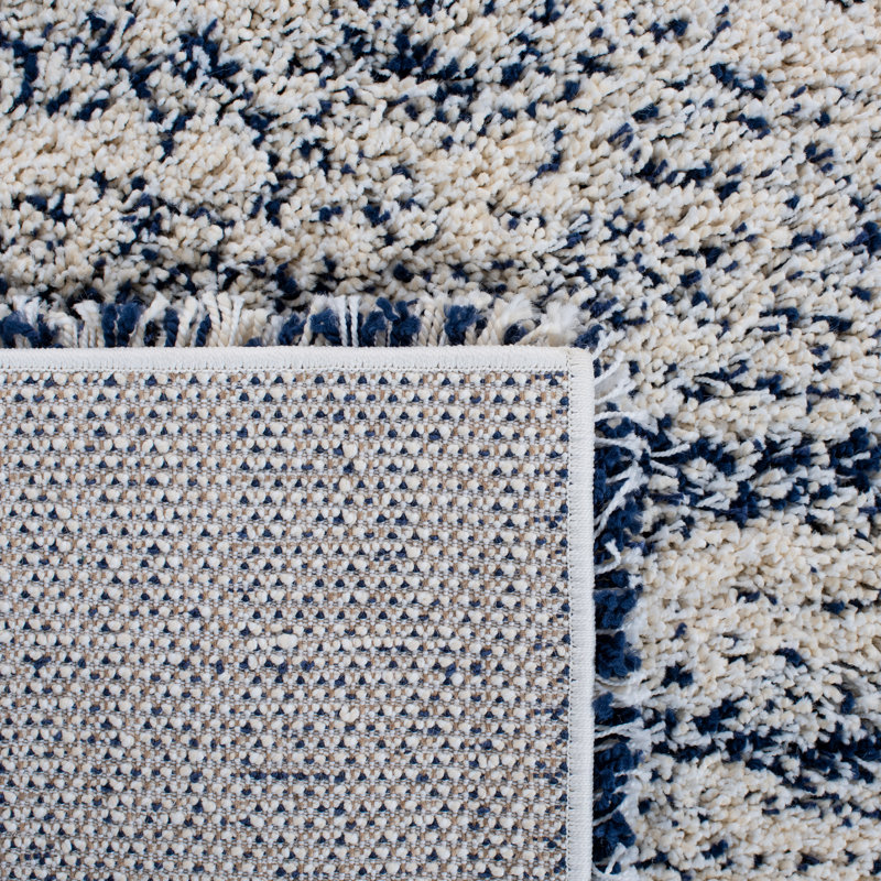 Ivory and Navy Square Shag Area Rug, 7' x 7'