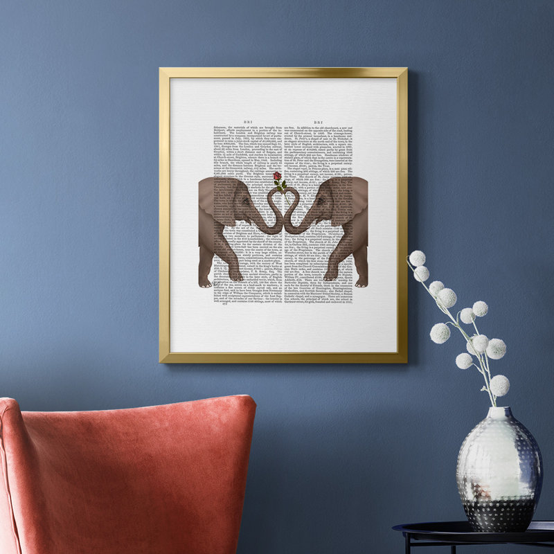 «Elephants Heart and Rose», toile encadrée de qualité supérieure - prête à être accrochée, H 20 po x l 16 po, Or