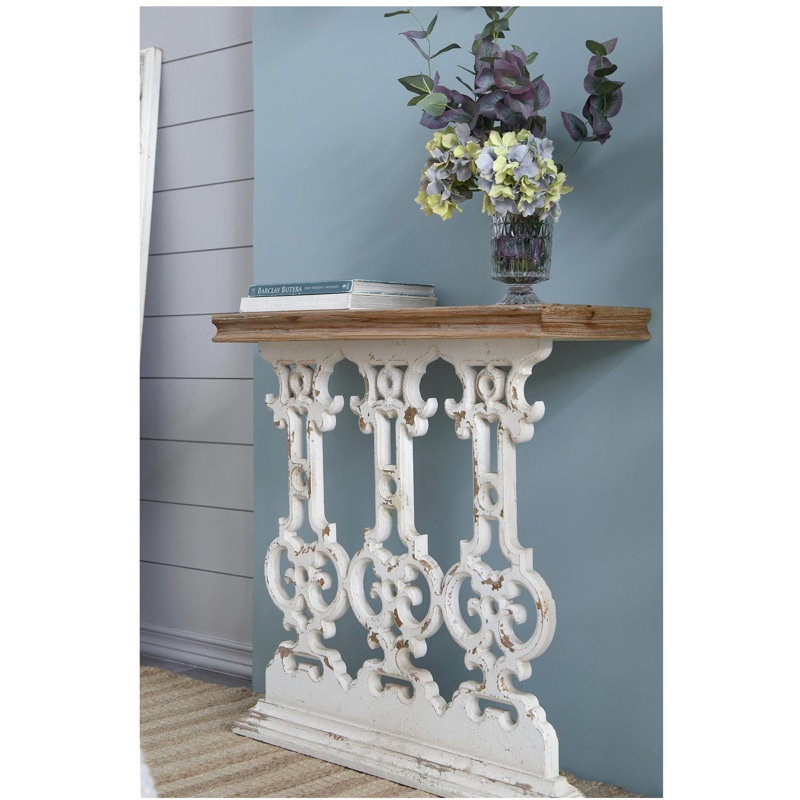 Console 32 po x 12 po x 32 po Classic Vintage White Wash avec plateau en bois brun