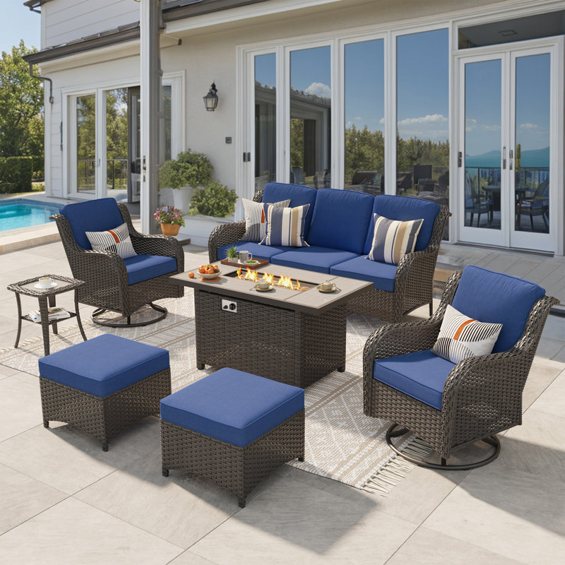 5 - Person Wicker Outdoor Conversation Set, Patio Sofa Swivel Chair Set with Fire Pit and Cushions, Navy Cushion/Brown Frame