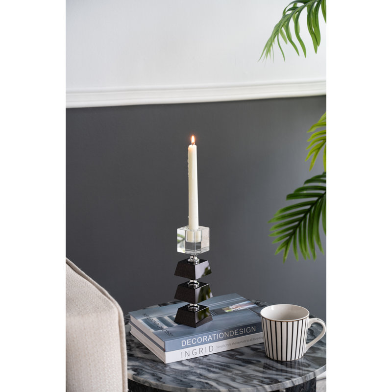 Black and Clear Glass 3-Tier Square Candle Holder - 2.5" x 2.5" x 8" - Black, Clear
