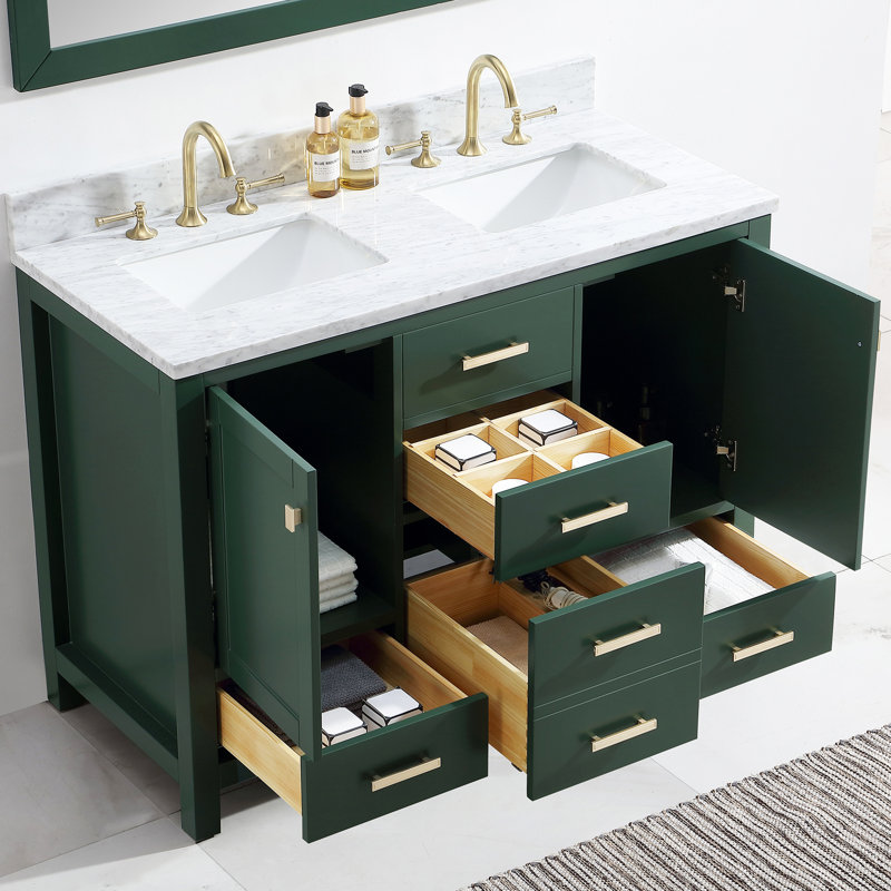 Vitor 48'' Modern And Traditional Bathroom Double Sink Vanity Set With White Italian Carrara Marble Countertop & Backsplash, Fully Assembled