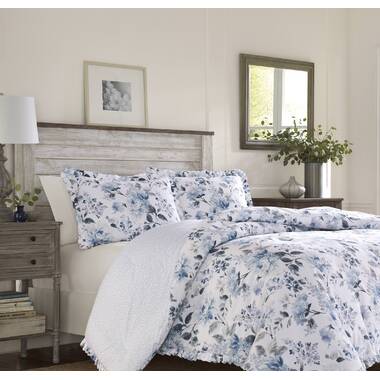 Laura Ashley Chloe Blue/White Watercolor Floral 100% Cotton Pique Weave Reversible  Comforter Set & Reviews
